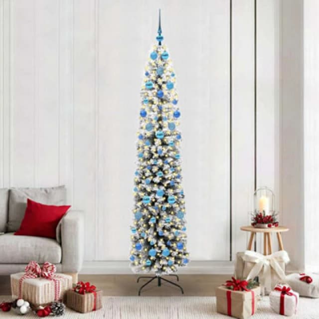 vidaXL Artificial Christmas Tree with 300 LEDs, Blue Balls with Stand Snow Flocked Green 210 cm, Green 3395038