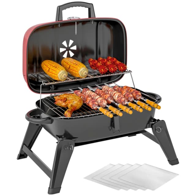 Outsunny Folding Charcoal Barbecue Grill, Portable BBQ for Camping, Red, Red 846-179V00RD