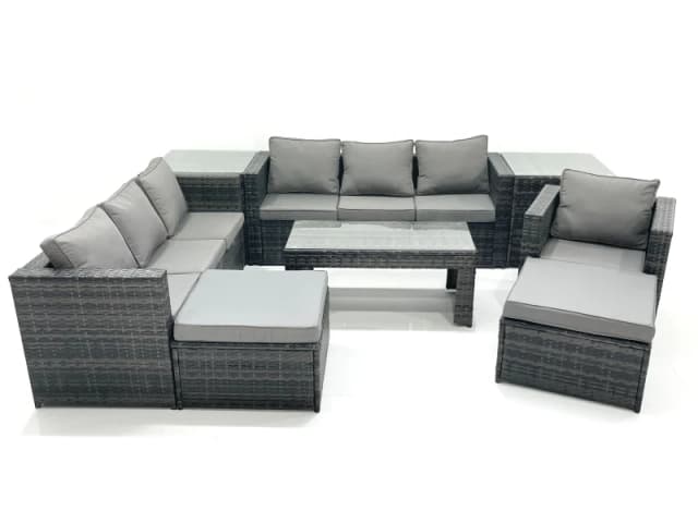 Fimous 9 Seater Rattan Garden Outdoor Furniture Set with 3 Seater Sofa Coffee Table 2 Big Footstool 2 Side tables Dark Grey