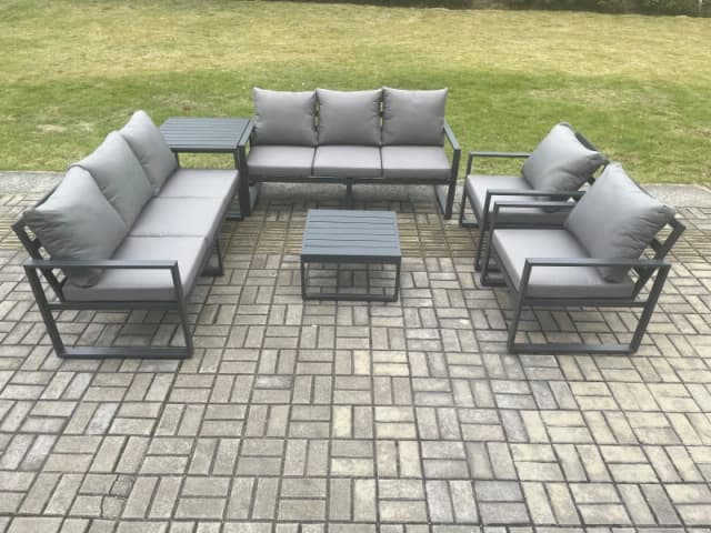 Fimous Aluminium Outdoor Lounge Sofa Set Garden Furniture Sets with Square Coffee Table 2 Chairs Side Table Dark Grey 8 Seater Dark Grey Unisex