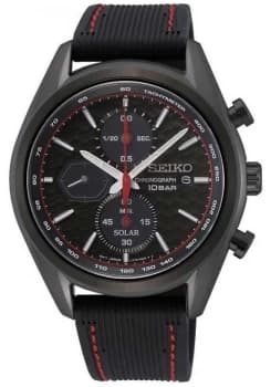 Seiko Mens Solar Black Silicone Strap Black Chronograph Watch