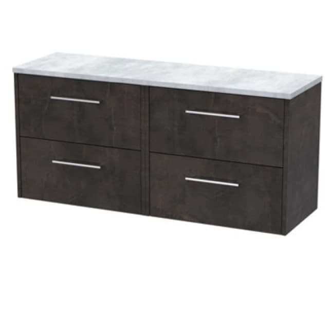 Nuie Hudson Reed Juno Wall Hung 4-Drawer Vanity Unit & Bellato Grey Worktop, Countertop Basin Unit In Metallic Slate, 1200mm