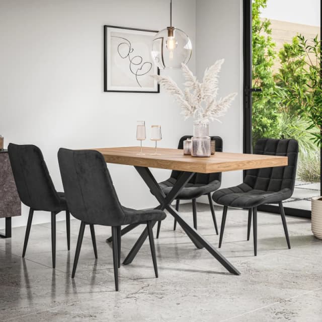 More4Homes Donni Dining Table And Chairs - Oak Effect Table Top W Black Legs + Nova Velvet Dining Chair Set Of 4 (Black)