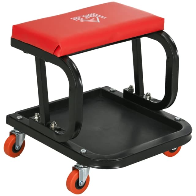 HOMCOM Workshop Stool, Rolling Mechanic Stool with 360 Degree Swivel, Red Red