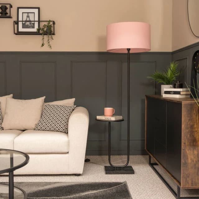 ValueLights Tavel Black Marble Base Floor Lamp With Table And Large Blush Pink Shade Black