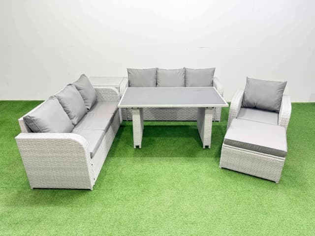 Fimous 8-seater Patio Rectangular Table Sofa Set with Side Table Big Stool in Light Grey Light Grey Unisex