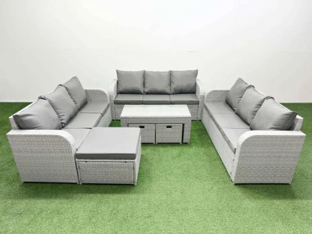 Fimous PE Rattan Lounge Sofa Set 12 Seater Outdoor Garden Furniture Set with Oblong Coffee Table 3 Seater Sofa 3 Stools Light Grey Light Grey