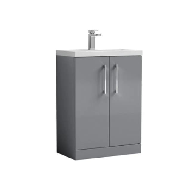Nuie Hudson Reed Arno Compact Floor Standing 2 Door Vanity Unit With Ceramic Basin, Durable Modern Vanity Unit In Satin Grey, 600mm