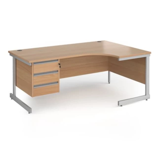 Contract 25 Right Hand Silver Frame Ergonomic Office Desk with 3 Drawer Pedestal - 1800mm - Beech
