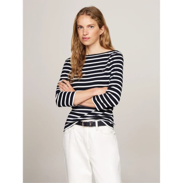 Breton Striped Cotton T-Shirt with Boat Neck and 3/4 Length Sleeves