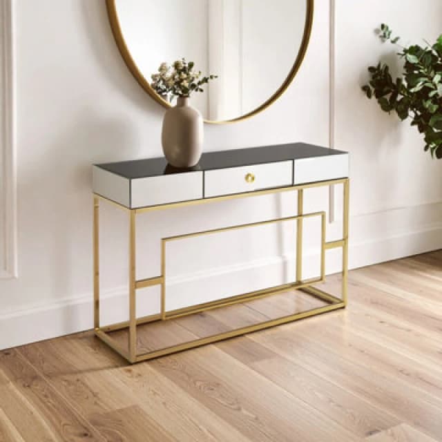 Orsina Vintage Design Console Table, Spacious Lounge Table With Black Mirrored Top, Reflective Gold Finish Table