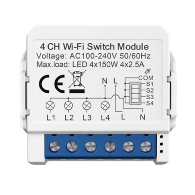 Ener-J Smart WiFi+Ble 4Ch Light Switch Module (Max 4 X 150W). On/off Switch