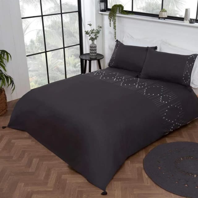 Smart Living Smart Living Luxury Hotel Quality Boho Embroidered Tassels Duvet Cover with Pillowcases in Charcoal Size: Double Charcoal Double Unisex