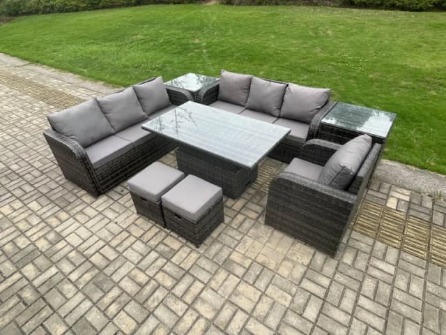 Fimous PE Rattan Outdoor Garden Furniture Sets Height Adjustable Rising lifting Dining Table Sofa Set with Reclining Chair 2 Small Footstools Dark Gre