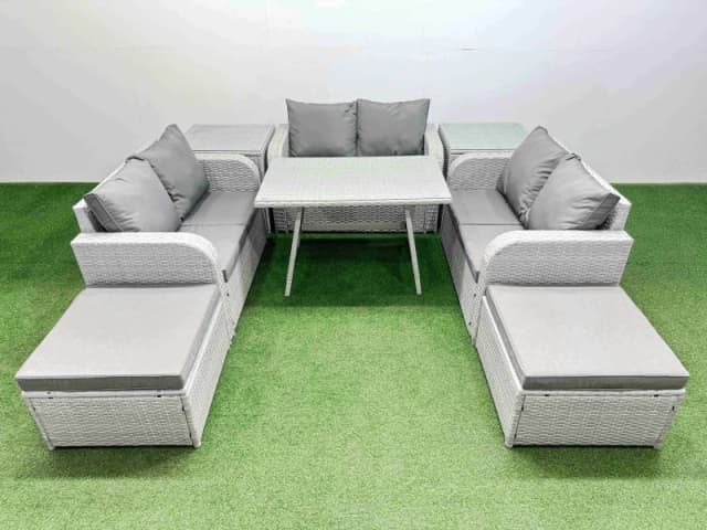 Fimous Rattan Garden Furniture Dining Set 8-Seater Patio Rectangular Table Love Sofa Set With 2 Side Tables 2 Big Stools