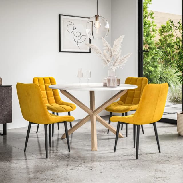 More4Homes Malvern Round Dining Table And Chairs - Marble Table Top W Solid Oak Legs + Nova Velvet Dining Chair Set Of 4 (Mustard)
