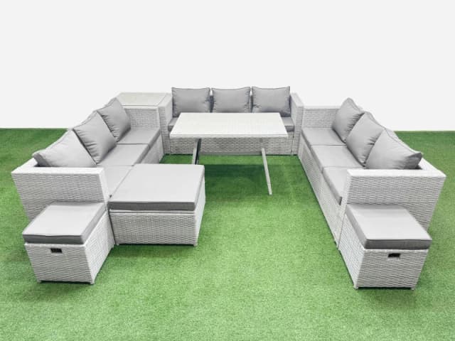 Fimous 12 Seat Patio PE Rattan Garden Furniture with Side Table 3 Stool in Light Grey Light Grey Unisex