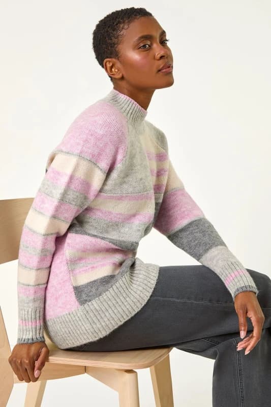 Roman Womens Stripe Colour Block Knitted Jumper in Light Grey Size: 18 Light Grey Female 18