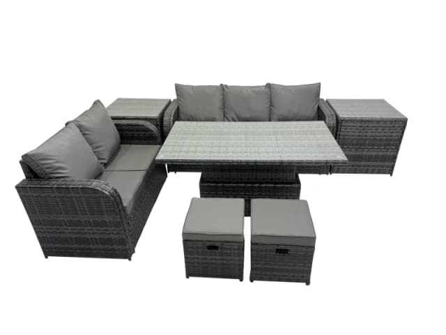Fimous Rattan Garden Furniture Dining Set 7-seater with 2 Small Footstools in Dark Grey Dark Grey Unisex