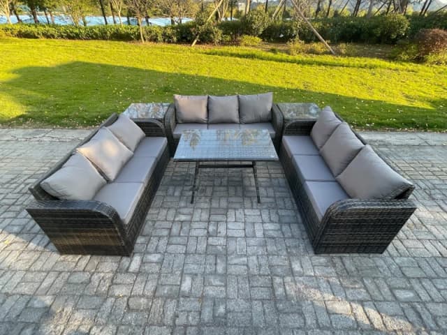Fimous 9 Seater Wicker Rattan Garden Furniture Set with Rectangular Dining Table 2 Side Tables Patio Outdoor Lounge Sofa Set Dark Grey