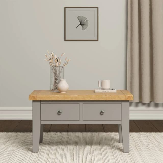 Seconique Windsor Pebble Grey Coffee Table With Oak Top And Drawers Fully Assembled