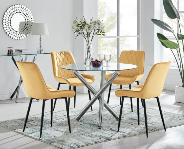 FurnitureboxUK FurnitureboxUK Selina Round Glass Chrome Leg Dining Table and Pesaro Black Leg Chairs in Mustard Size: 4 Person Mustard 4 Person Unis