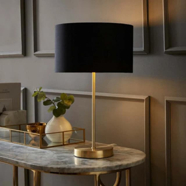 ValueLights ValueLights Charlie Gold Stem Table Lamp with Fabric Drum with Gold Inner Lamp Shade in Black One Size Unisex 5059406060717