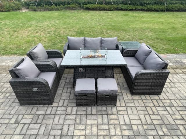 Fimous 9 Seater PE Wicker Outdoor Rattan Garden Furniture Set Propane Gas Fire Pit Table and Sofa Chair set with Side Table 2 Footstools Dark Grey