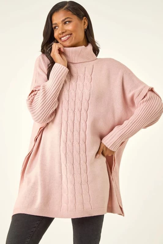 Roman Womens Cable Knit Roll Neck Poncho Jumper in Pink Size: Large/XL Pink Female L/XL