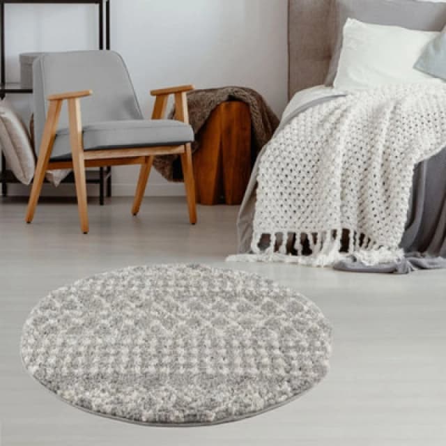 THE RUGS Soft Moroccan Diamond Shaggy Rugs & Runners Grey Ivory Living Room Size: 120cm diameter Grey Unisex 120cm diameter