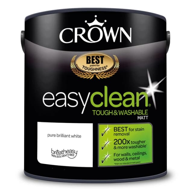 Crown Paints Easyclean Matt Emulsion - Washable & Wipeable Multi Surface Interior Paint - Pure Brilliant White - 2.5L, White 5093431