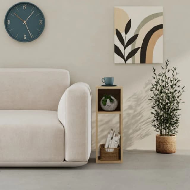 Decortie Modern Combayn 3 Cube Small Low Standing Book Shelf Contemporary Stackable Cube Storage Unit For Small Space (Oak)