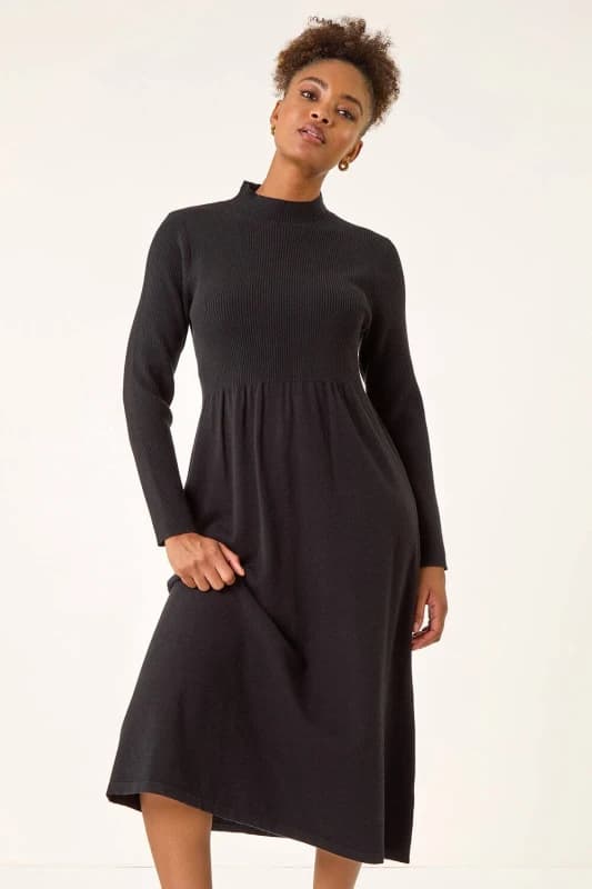Roman Womens Ribbed Knit High Neck Midi Dress in Black Size: 18 Black Female 18