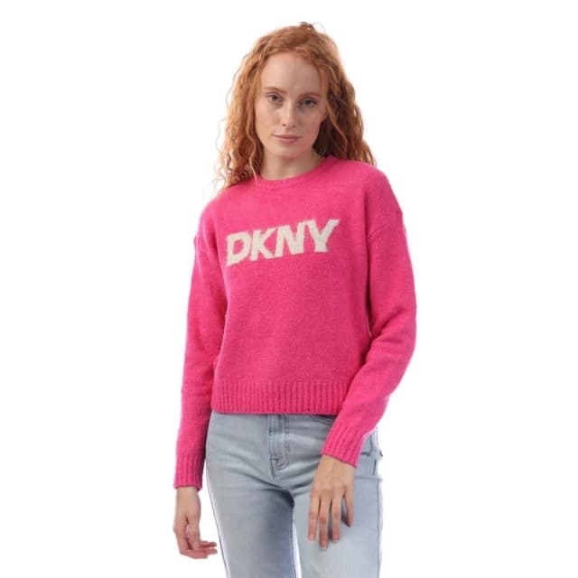 DKNY Tinsel Logo Boucle Crew Knit Sweater Pink female S