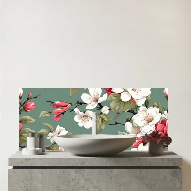 Warren Reed - Designer Pink & White Blossom Glass Bathroom Splashback in Green Green Unisex