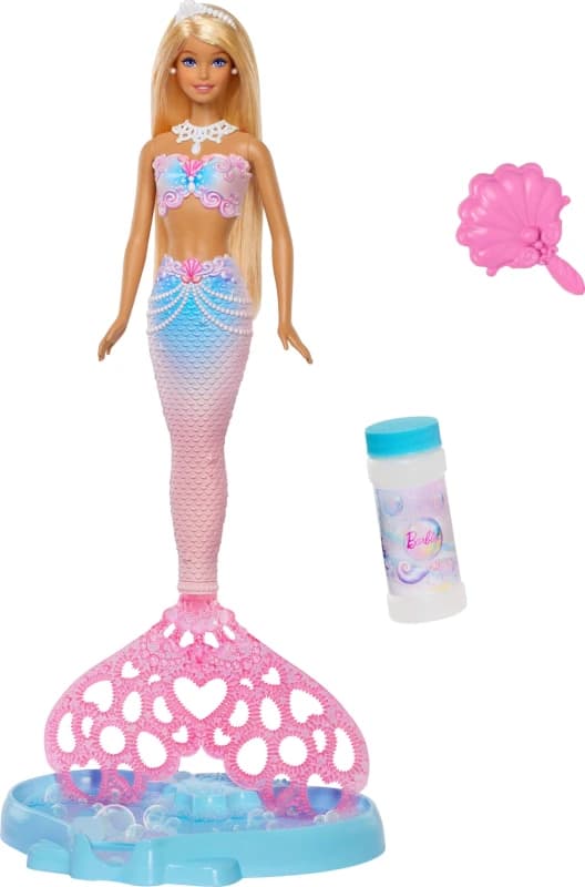 Barbie Bubble Sparkle Mermaid Doll with Bubble-Making Feature & Solution Tray & Hairbrush Plus Long Color-Streaked Blonde Hair JLW56