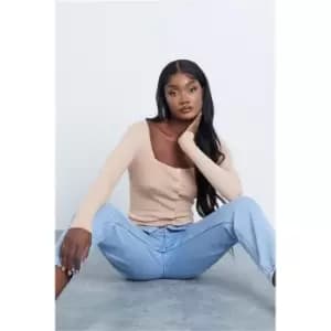 I Saw It First Nude Square Neck Button Ribbed Cardigan - Nude