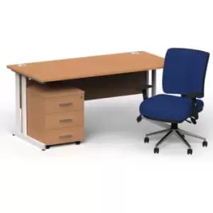Impulse 1600/800 White Cant Desk Oak + 3 Dr Mobile Ped & Chiro Med Back Blue W/Arms