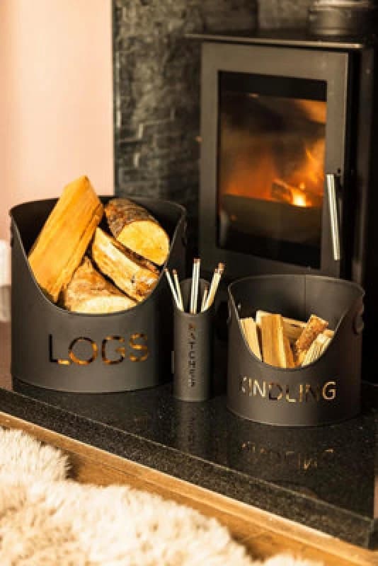 Marco Paul 3Pc Black Fireside Accessory Set - With Log, Coal Bucket And Match Holder