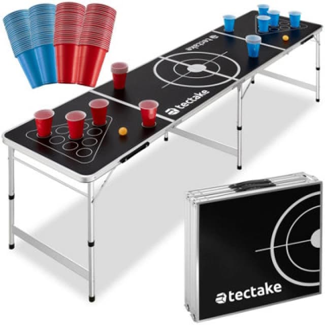 Tectake Beer Pong Table 'Brew Battle' - Foldable, Height-adjustable, w/ 100 Cups, 6 Balls, Black 404951