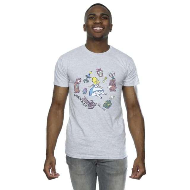 Disney Men Alice In Wonderland Falling T-Shirt in Grey Size: Small Grey S Male 5063283628137