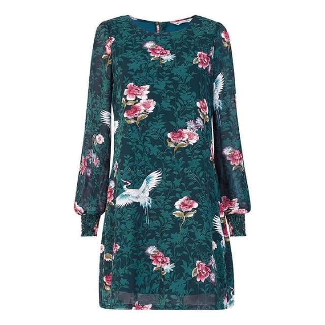 Yumi Green Crane 'Mila' Long Sleeves Shift Dress - 8
