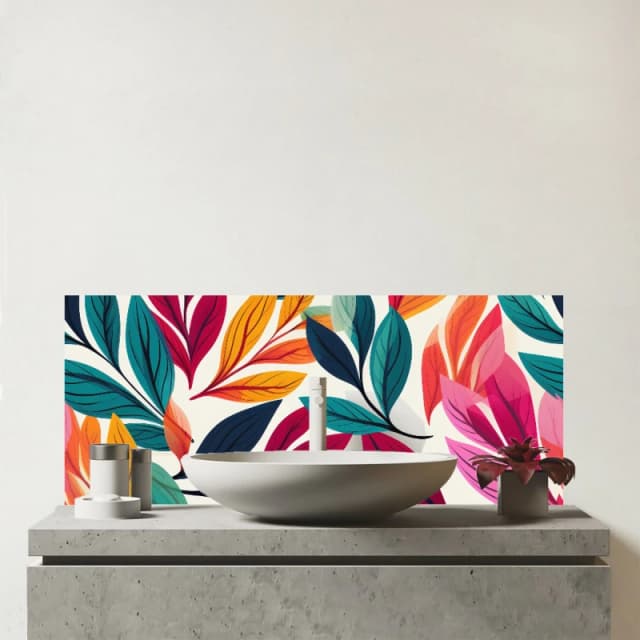 Warren Reed - Designer Bright Leaves Pattern Glass Bathroom Splashback in Orange Orange Unisex