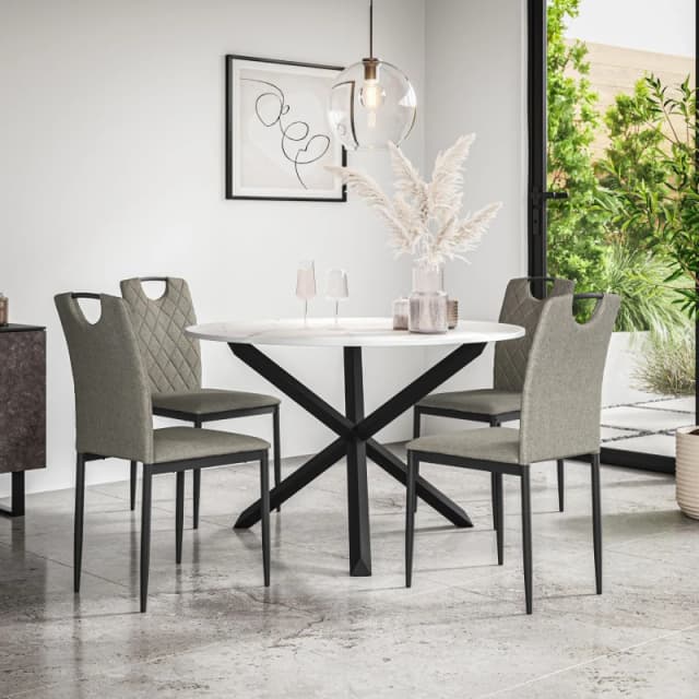 More4Homes Malvern Round Dining Table And Chairs - Marble Table Top W Solid Oak Black Legs + Monza Fabric Dining Chair Set Of 4 (Grey)