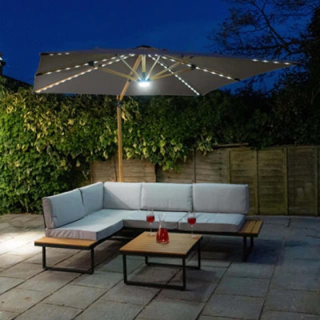 Jack Stonehouse Athena Roma Square Parasol Wooden Umbrella With LED Lights Grey