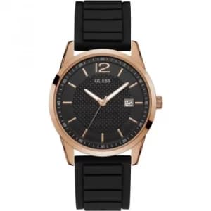 GUESS Gents rose gold watch with Black dial and silicone strap.