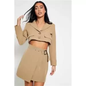 I Saw It First Stone Co-Ord Belted Mini Wrap Skirt - Brown