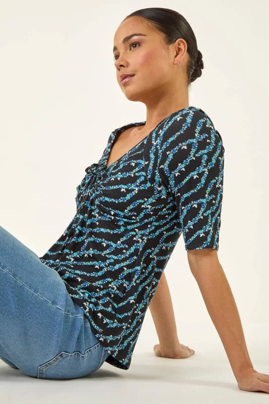 Roman Womens Petite Abstract Print Drawstring Top Size: 10 Multicolor Female 10