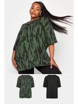 Yours Boxy Tee 2 Pack. Black/jumbo Textured Khaki, Green, Size 16, Women