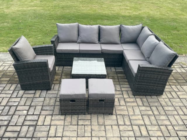 Fimous 9 Seater Wicker PE Outdoor Garden Furniture Set High Back Rattan Corner Sofa Chair Set with 2 Small Footstools Square Coffee Table in Dark Grey